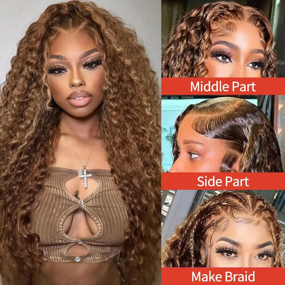 Women's 28 Inch Honey Blonde Highlight Deep Wave Human Hair Lace Front Wig