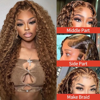 Women's 28 Inch Honey Blonde Highlight Deep Wave Human Hair Lace Front Wig