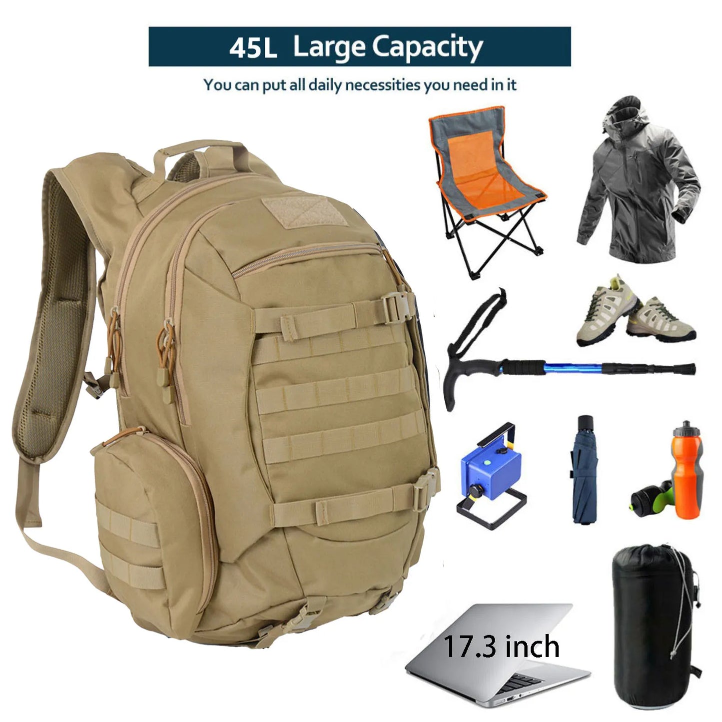45L Waterproof Tactical Hiking and Fishing Backpack