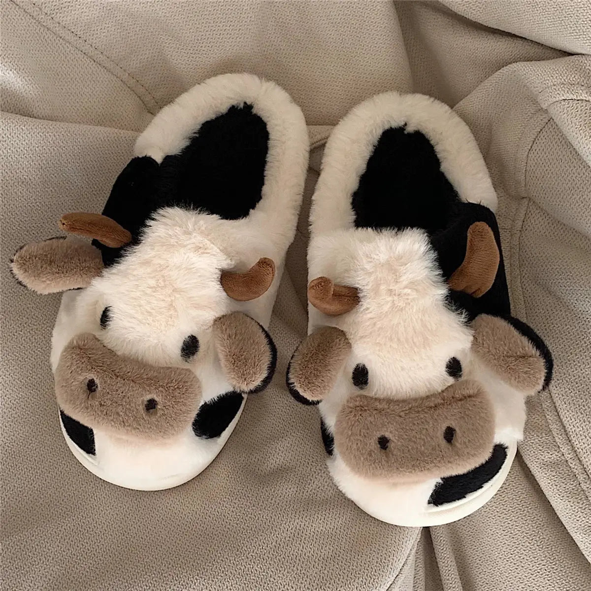 Warm Cartoon Cow Plush Slippers for Men & Women Winter Home Shoes