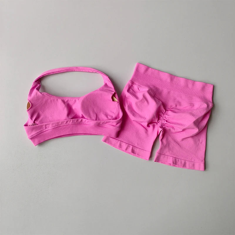 Women's Halter Sports Bra and High Waist Yoga Shorts Set