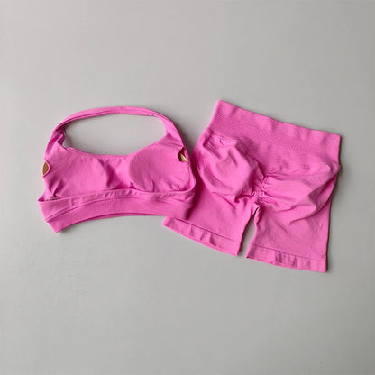 Women's Halter Sports Bra and High Waist Yoga Shorts Set