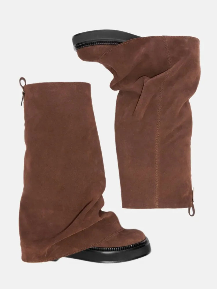 Women's Thick Sole Square Toe Pleated Knee High Boots