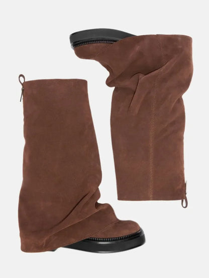 Women's Thick Sole Square Toe Pleated Knee High Boots