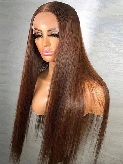 34 Inch Chocolate Brown Bone Straight 13x4 HD Lace Human Hair Wig 250% Density