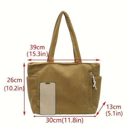Large Corduroy Shoulder Tote Bag with Zipper for Women
