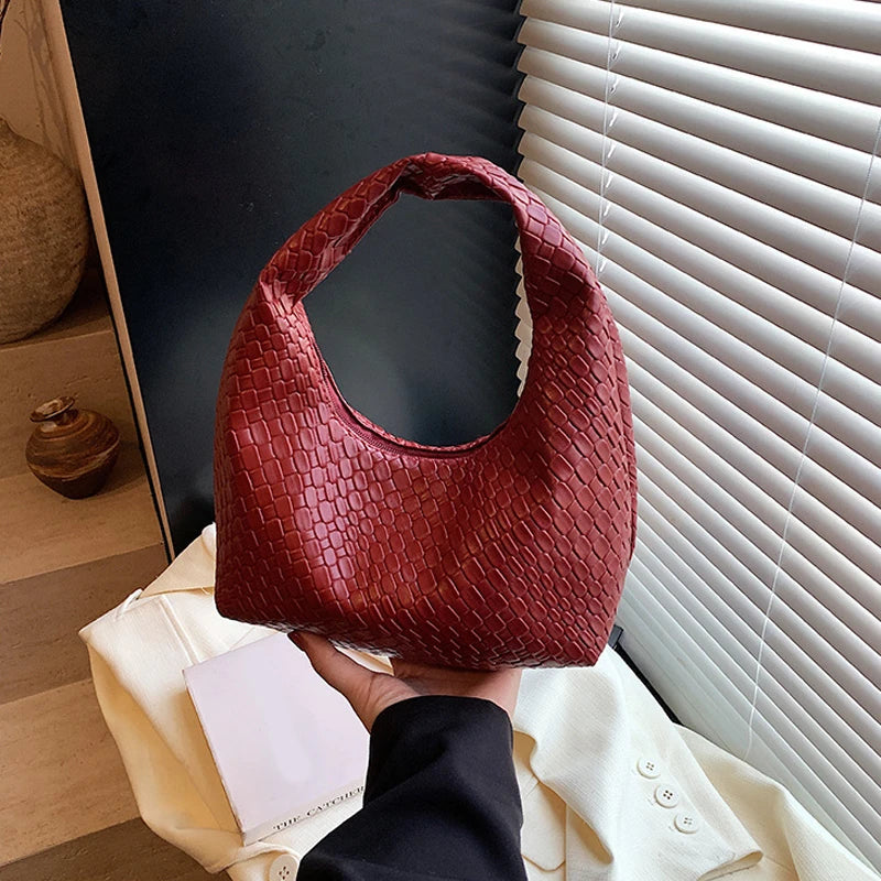 Women’s Woven Embossed PU Leather Hobo Shoulder Bag with Top Handle
