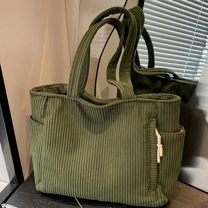Large Corduroy Shoulder Tote Bag with Zipper for Women