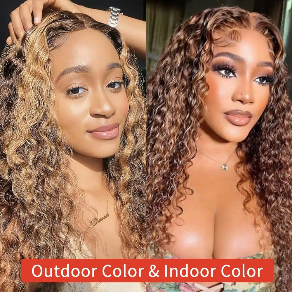 Women's 28 Inch Honey Blonde Highlight Deep Wave Human Hair Lace Front Wig