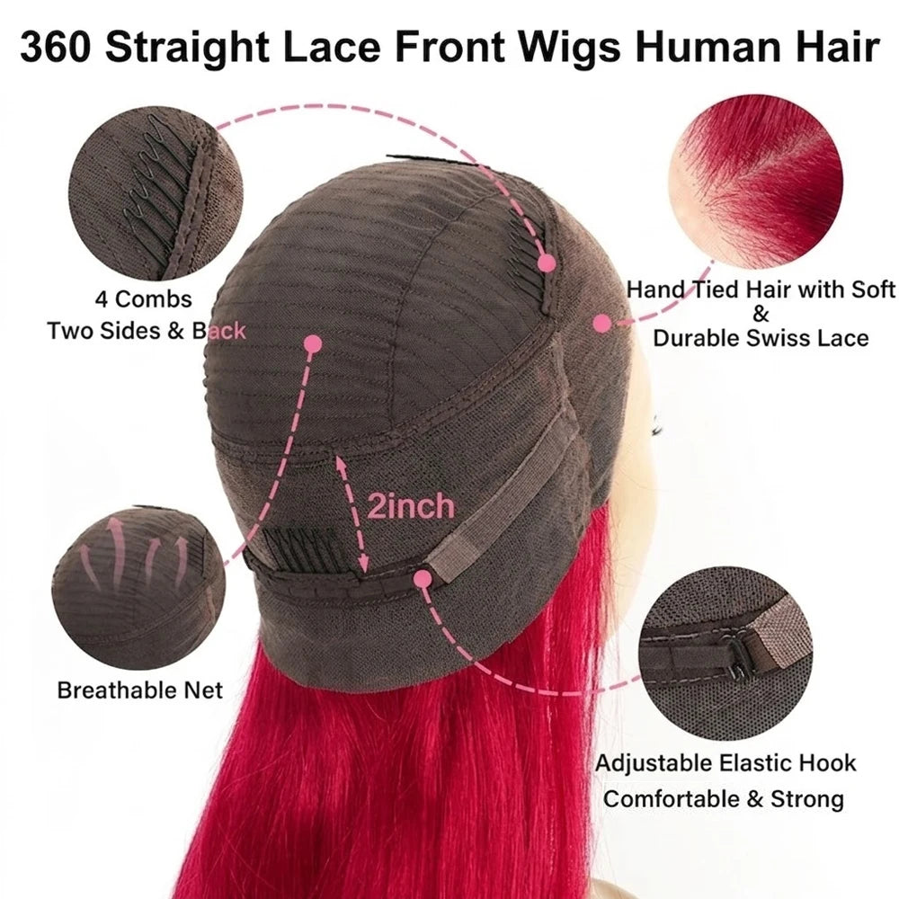 Women's 32 to 36 Inch 99J Burgundy Straight HD Lace Front Human Hair Wig