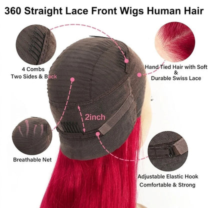 Women's 32 to 36 Inch 99J Burgundy Straight HD Lace Front Human Hair Wig