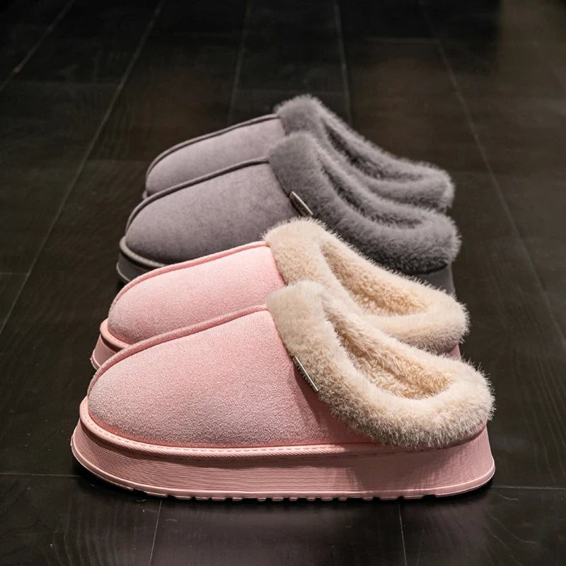 Fluffy Winter Slippers with Fur Lining Thick Sole for Men & Women