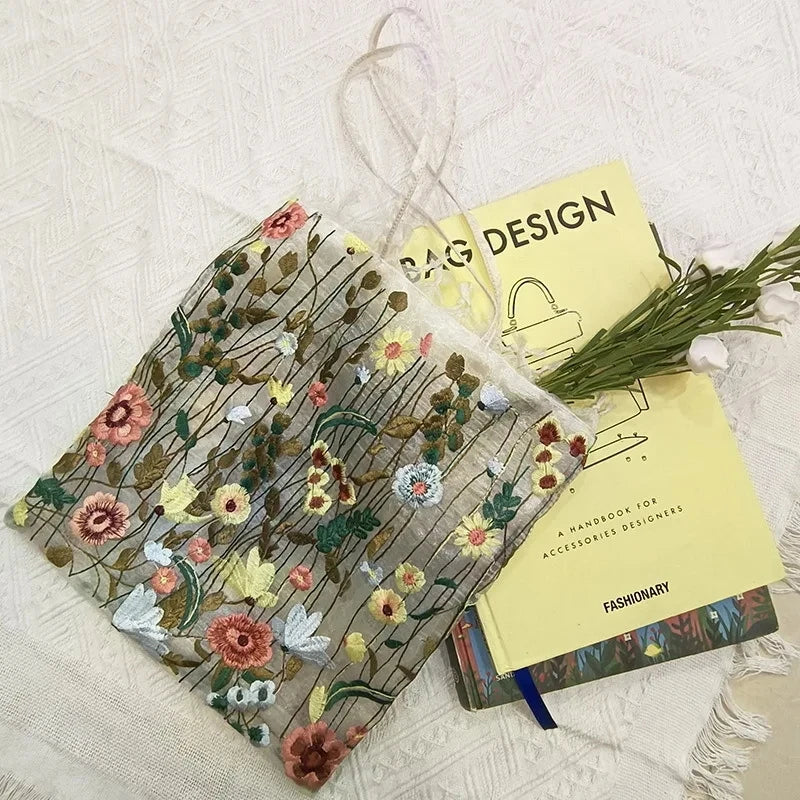Embroidered Lace Flower Mesh Tote Bag for Women