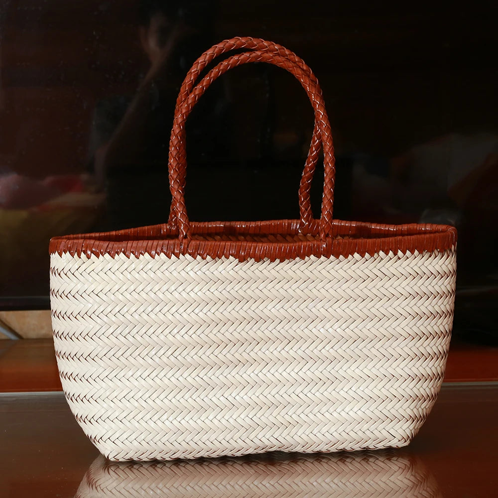 Genuine Leather Woven Shoulder Tote Bag for Women