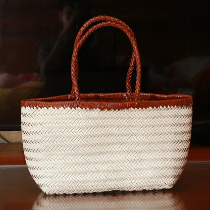 Genuine Leather Woven Shoulder Tote Bag for Women