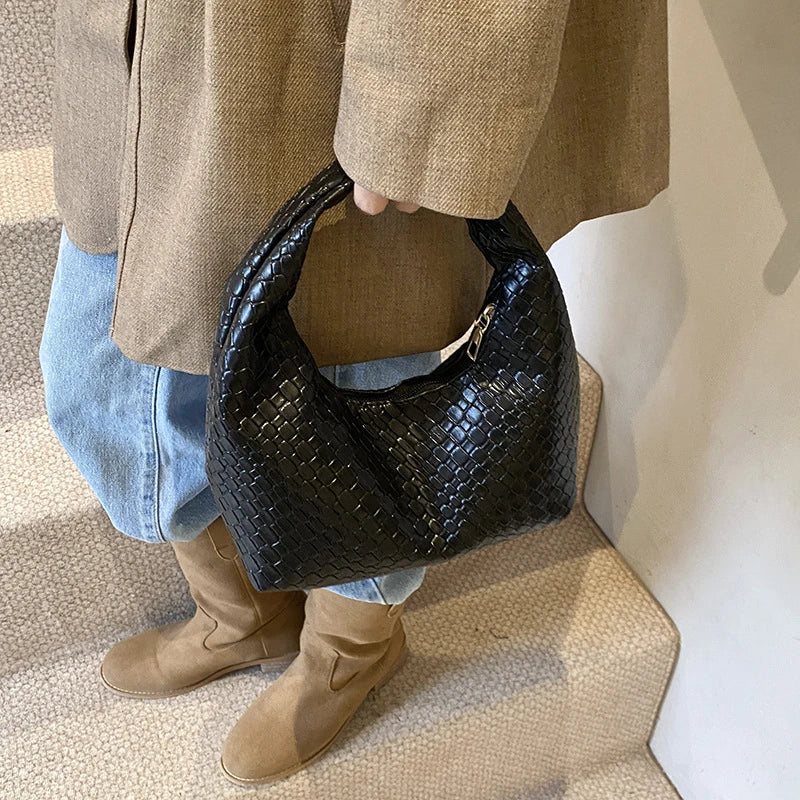 Women’s Woven Embossed PU Leather Hobo Shoulder Bag with Top Handle