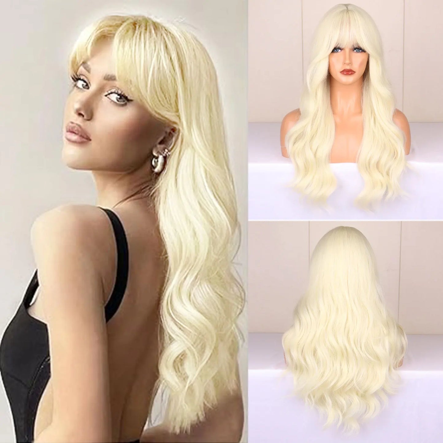 Women's Wine Red Long Curly Synthetic Wig with Bangs