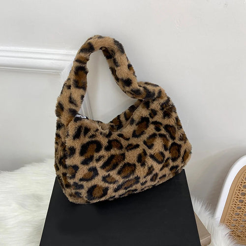 Leopard Print Plush Shoulder Tote Bag for Women Lipstick & Key Bag