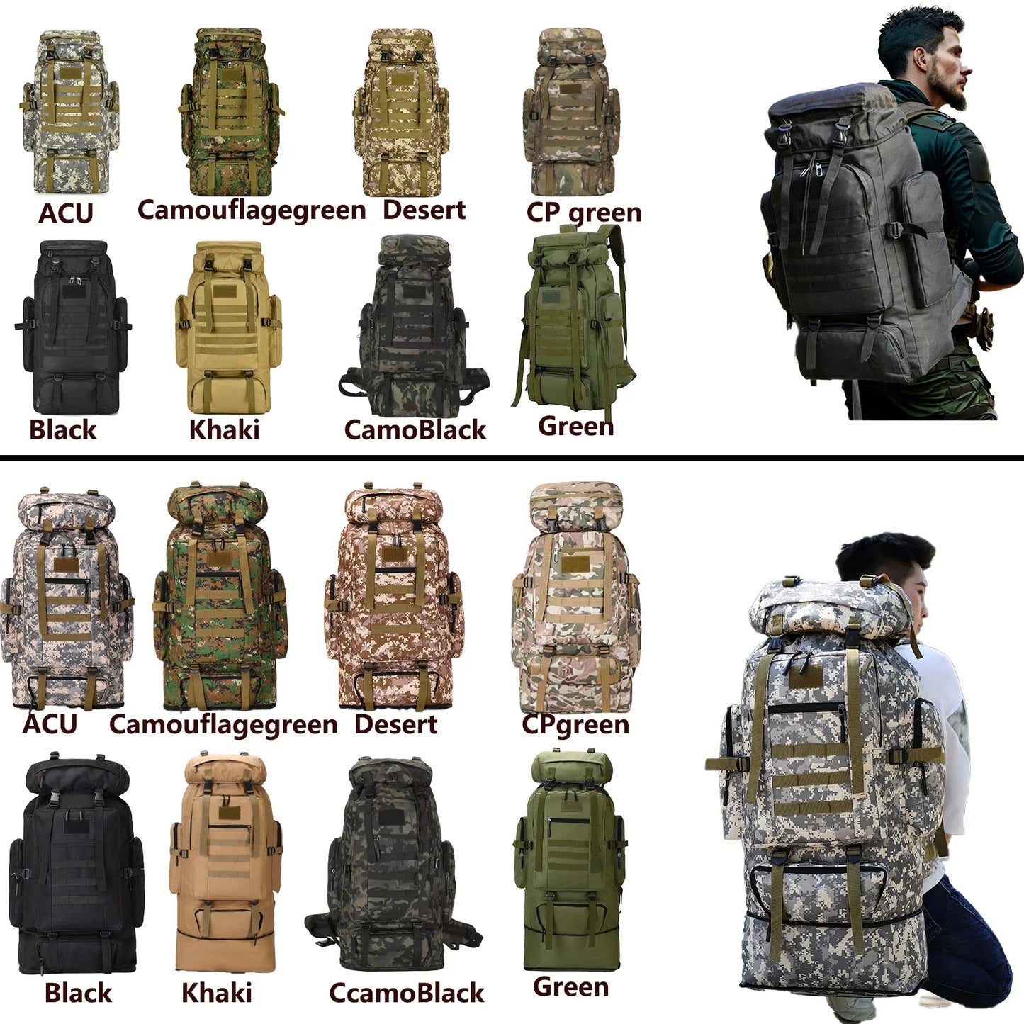 80L or 100L Large Capacity Tactical Hiking Backpack