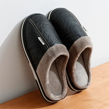 Men’s PU Leather Fur Lined Winter House Slippers Big Size