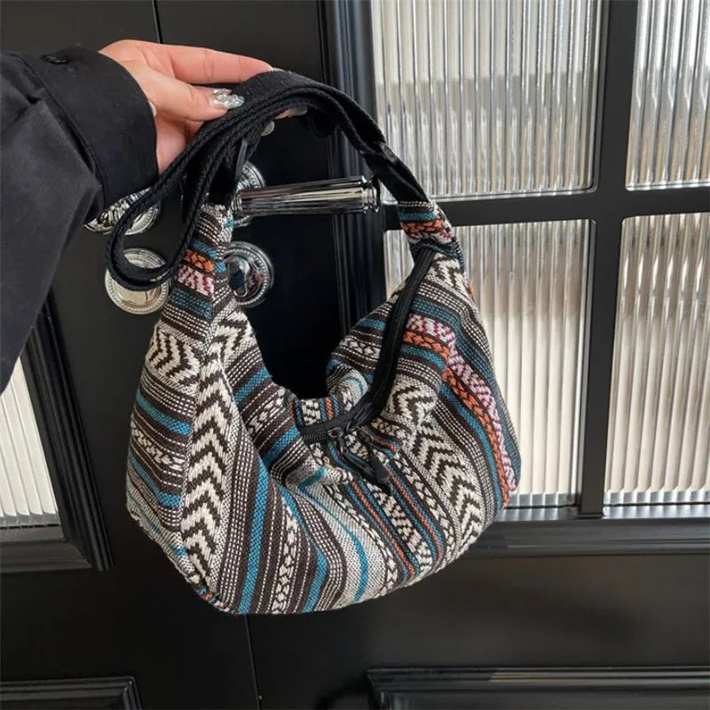 Tribal Striped Foldable Crossbody Bag with Zipper for Women