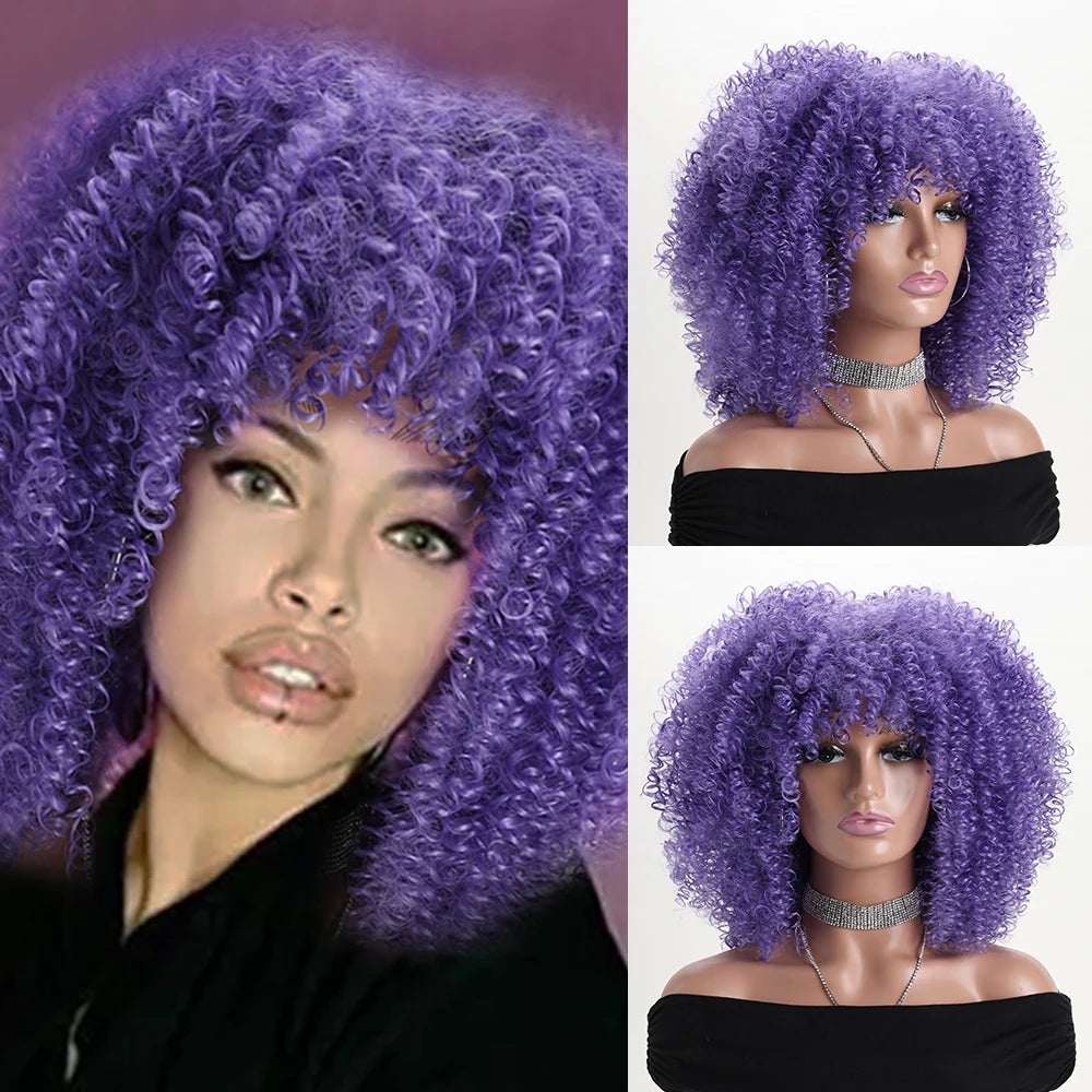 16 Inch Afro Kinky Curly Wig with Bangs for Women