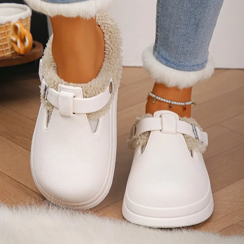 Women's Waterproof EVA Furry Mule Slippers with Buckle