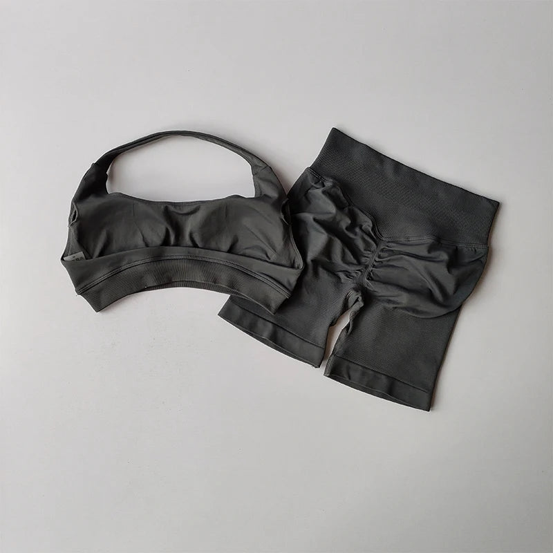 Women's Halter Sports Bra and High Waist Yoga Shorts Set