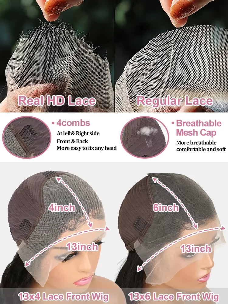 Women's 32 to 34 Inch 250% Density Peruvian Straight HD Lace Front Human Hair Wig