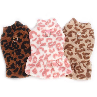 Leopard Fleece Dog Dress Hoodie for Small Dogs Winter Pet Clothing