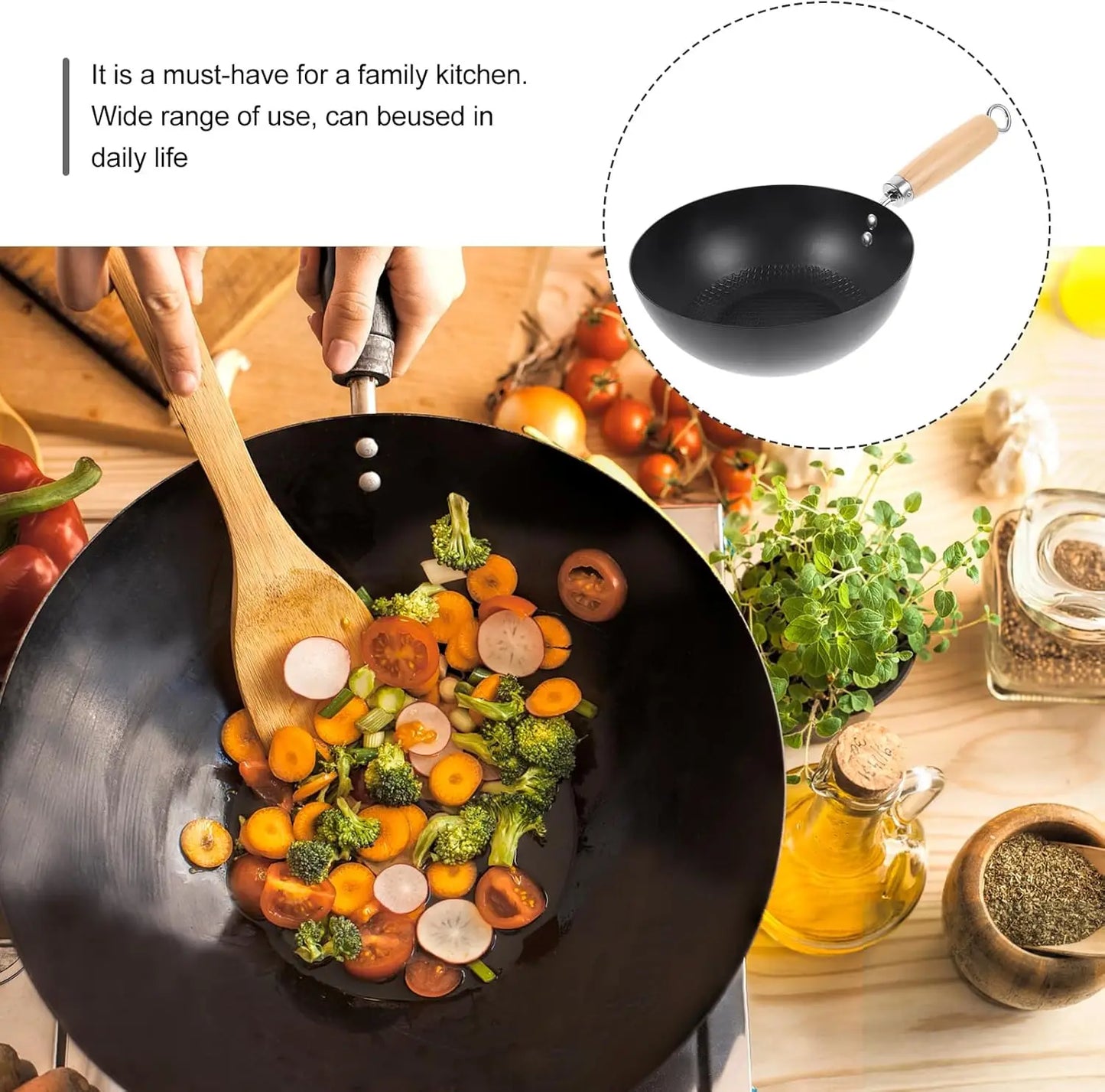 Uncoated Flat Bottom Iron Wok for Stir Fry Cooking