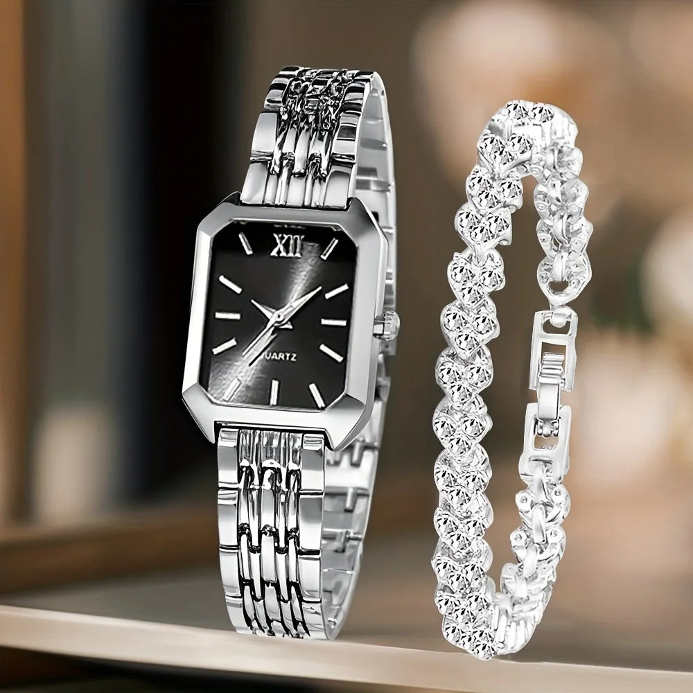 2PCS Women’s Rectangle Quartz Watch & Rhinestone Bracelet Set