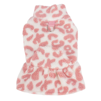 Leopard Fleece Dog Dress Hoodie for Small Dogs Winter Pet Clothing