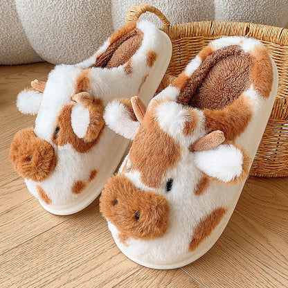 Cute Cartoon Cow Plush Platform Slippers for Women Winter Home Shoes