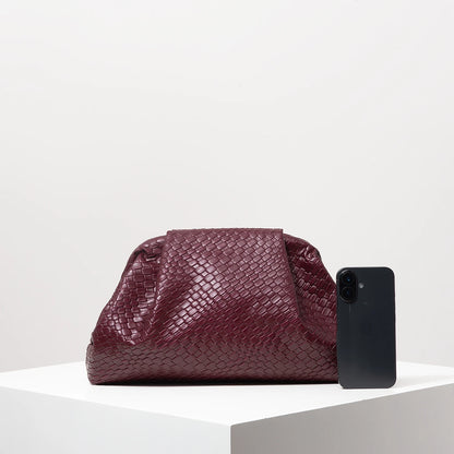 Vintage Burgundy Woven Clutch Bag for Women Large Capacity Purse