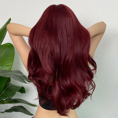 Wine Red Long Curly Wig with Bangs
