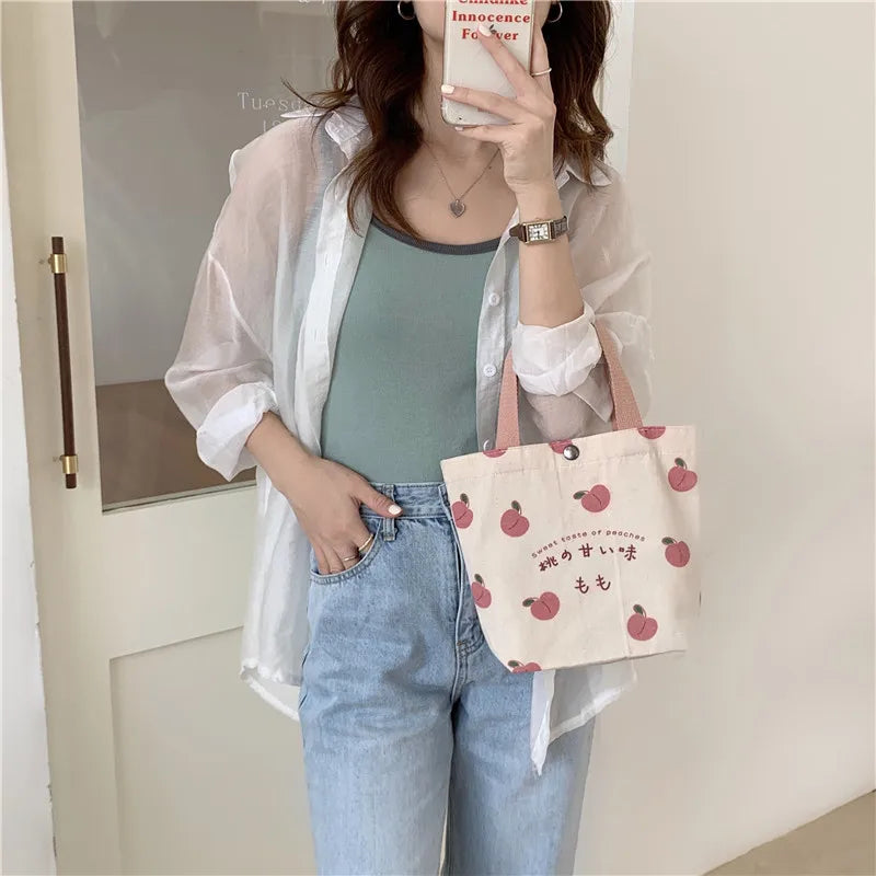 Small Canvas Peach Lunch Tote Bag for Women & Girls