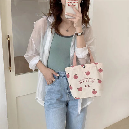 Small Canvas Peach Lunch Tote Bag for Women & Girls