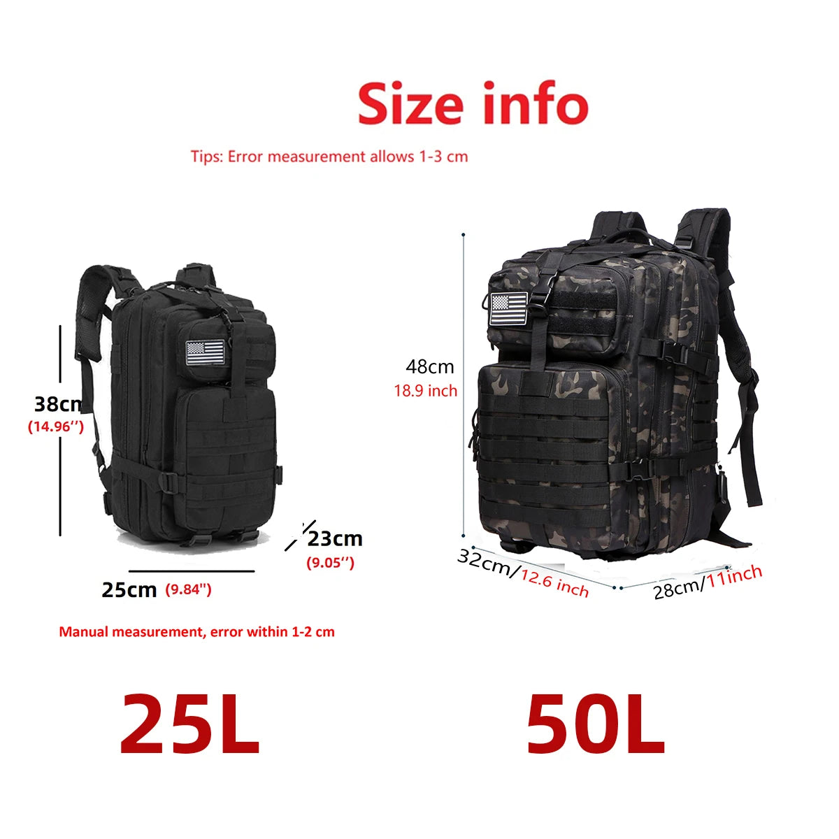 25L or 50L Waterproof Tactical Hiking Backpack