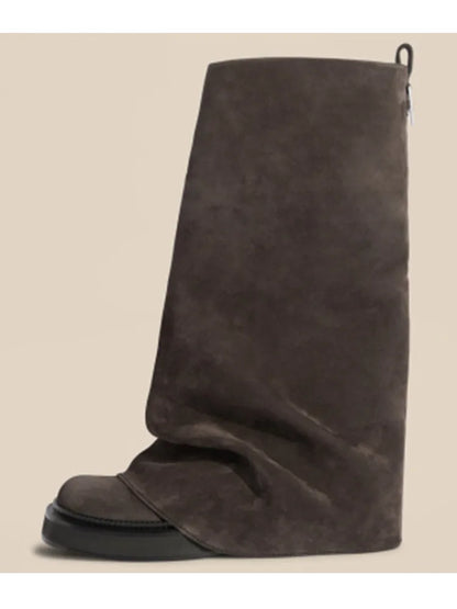 Women's Thick Sole Square Toe Pleated Knee High Boots