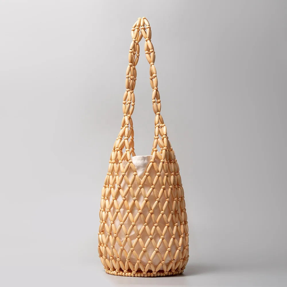 Women’s Woven Wooden Bead Bucket Tote Shoulder Bag Handmade Style