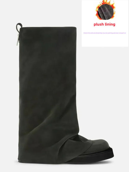 Women's Thick Sole Square Toe Pleated Knee High Boots