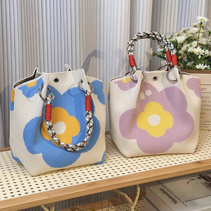 Multicolor Knitted Retro Bucket Bag Women’s Shoulder Handbag