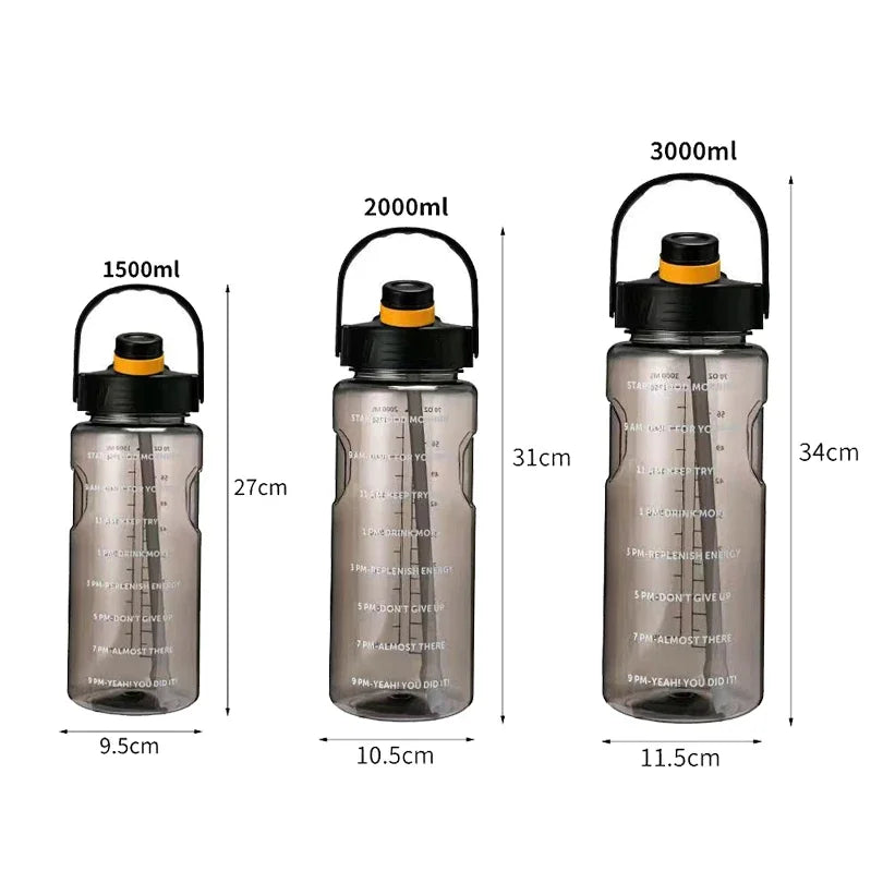 1.5L to 3L Large Capacity Sports Water Bottle with Straw and Time Marker
