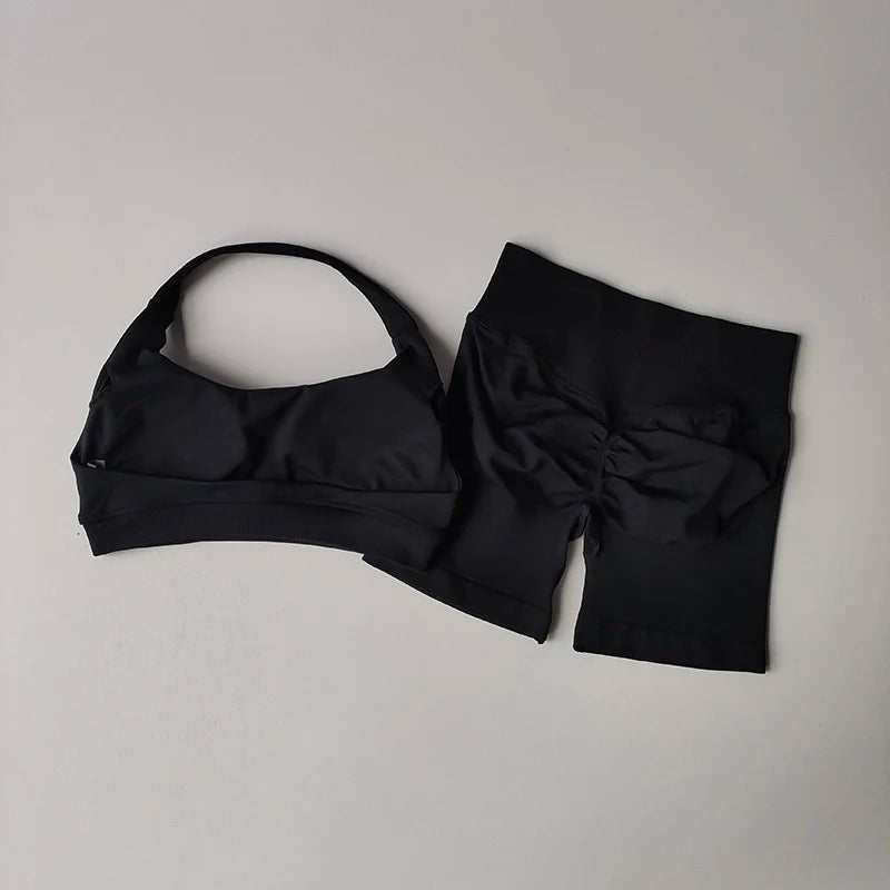 Women's Halter Sports Bra and High Waist Yoga Shorts Set