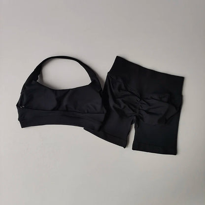 Women's Halter Sports Bra and High Waist Yoga Shorts Set