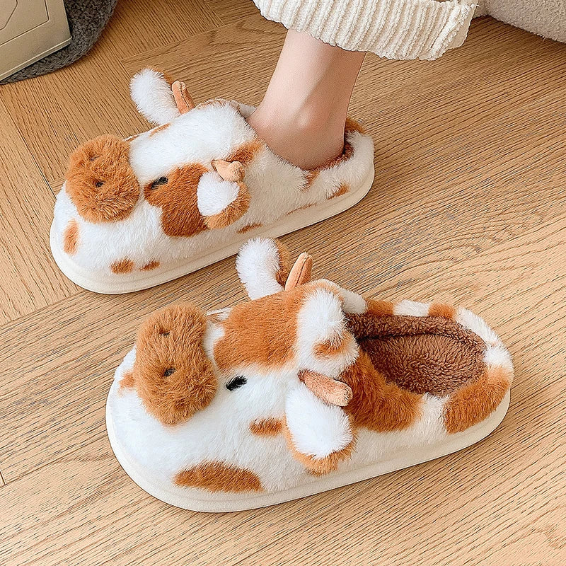 Cute Cartoon Cow Plush Platform Slippers for Women Winter Home Shoes