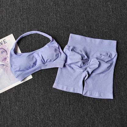 Women's 2 Piece Seamless Halter Sports Bra and Shorts Set