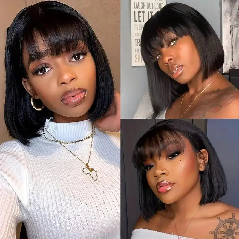 Women's 8 to 14 Inch Straight Bob Human Hair Wig with Bangs