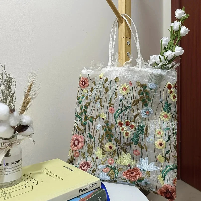 Embroidered Lace Flower Mesh Tote Bag for Women